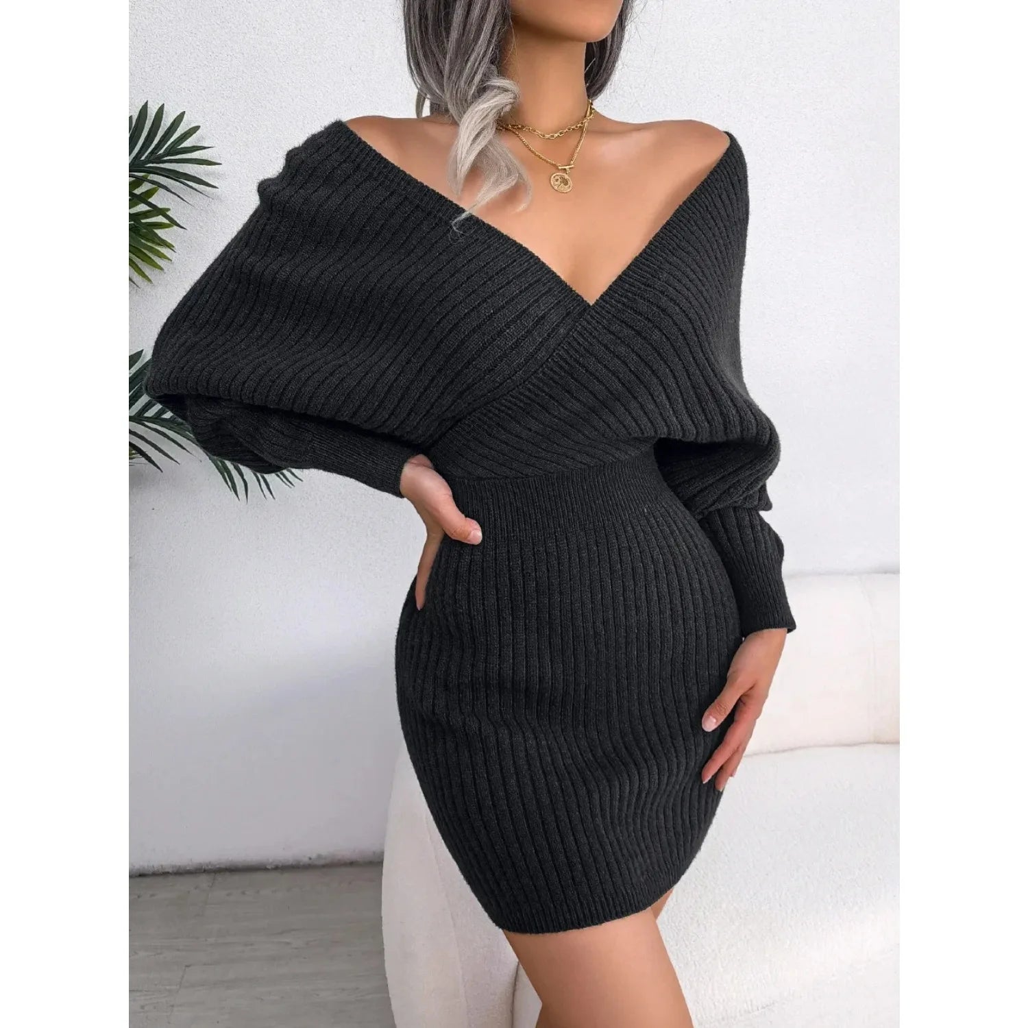 Dames Jurk – Effen Kleur, V-hals