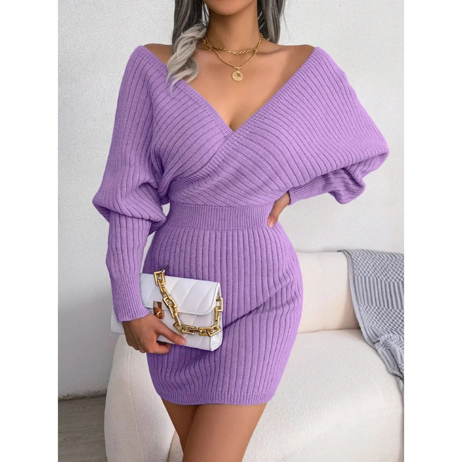 Dames Jurk – Effen Kleur, V-hals